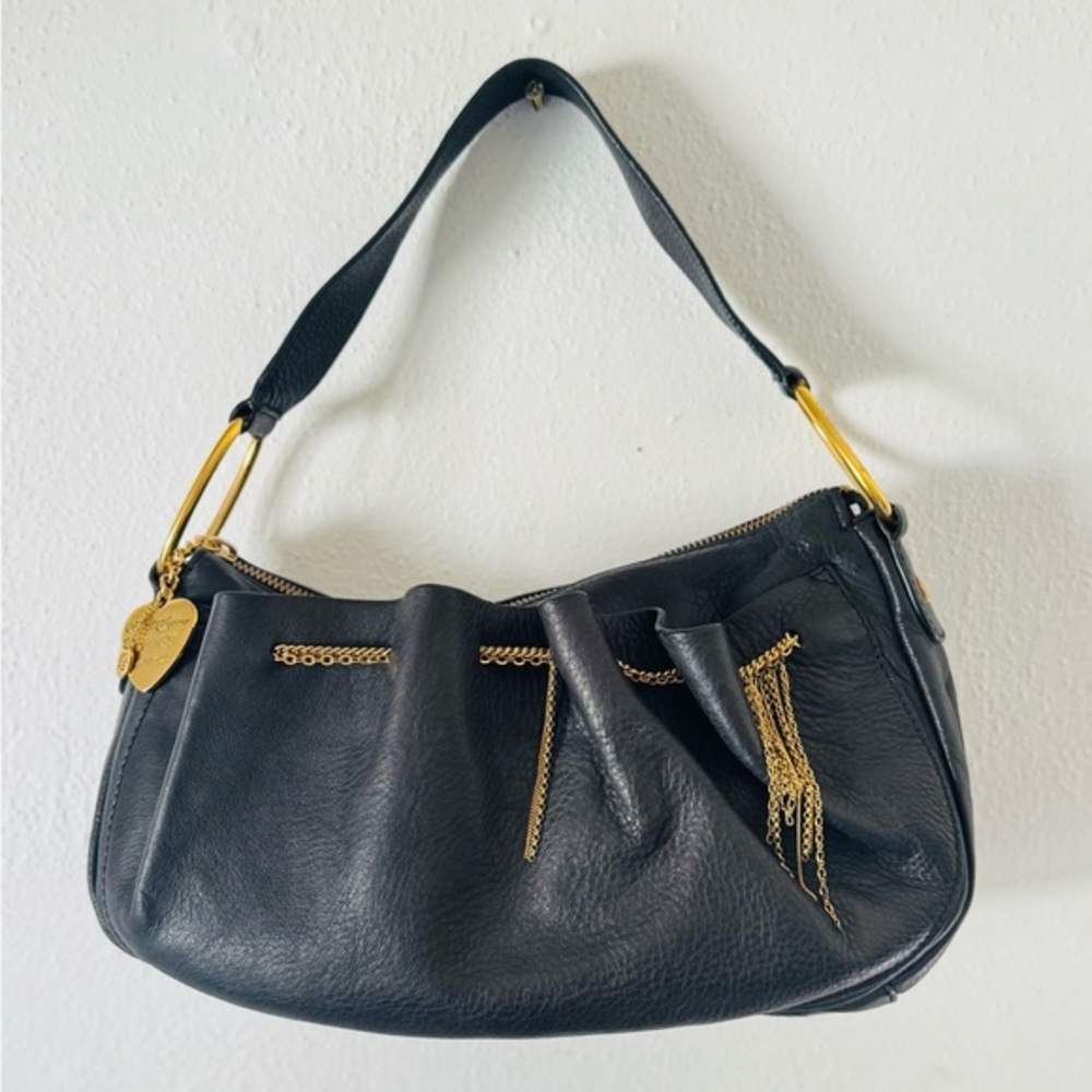 Vintage Y2K Juicy Couture Black Pebbled Leather Purse with Chains Shoulder Bag